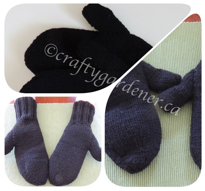 knitting black mittens at craftygardener.ca
