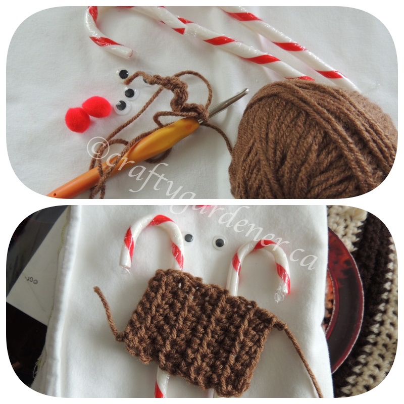 making a crochet candy cane holder at craftygardener.ca