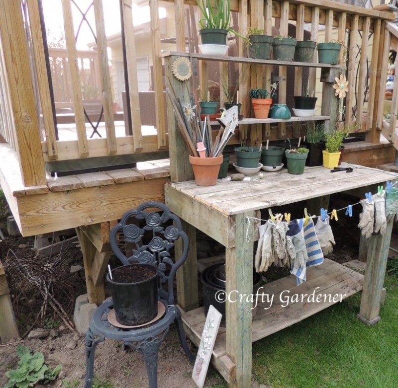 the garden workbench made from recycled deck lumber ... a great place for working outside