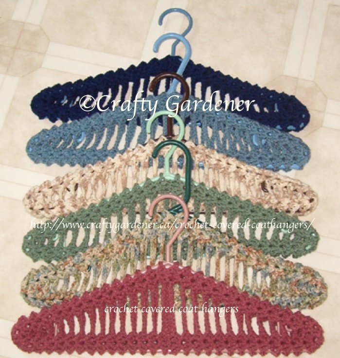 crochet covered coat hangers from https://craftygardener.ca