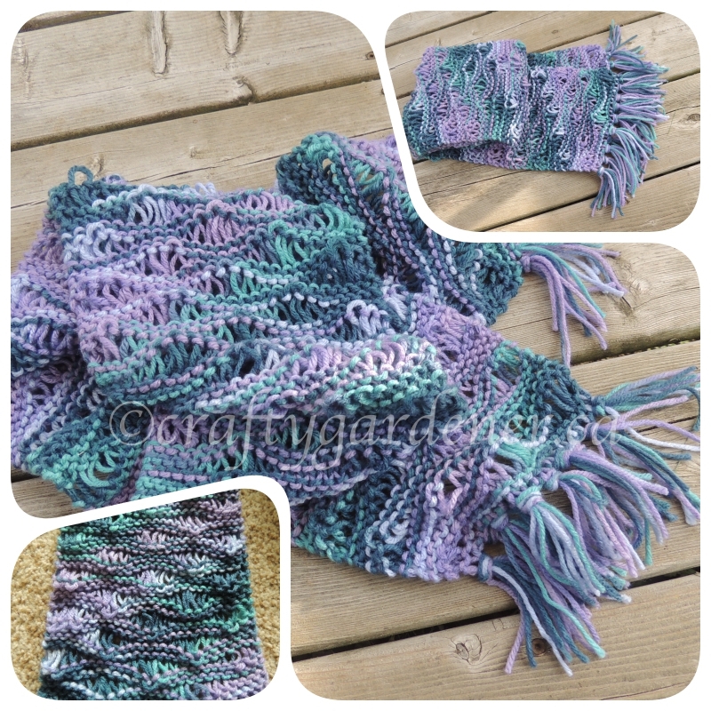 knitting the 1 stitch lace scarf at craftygardener.ca