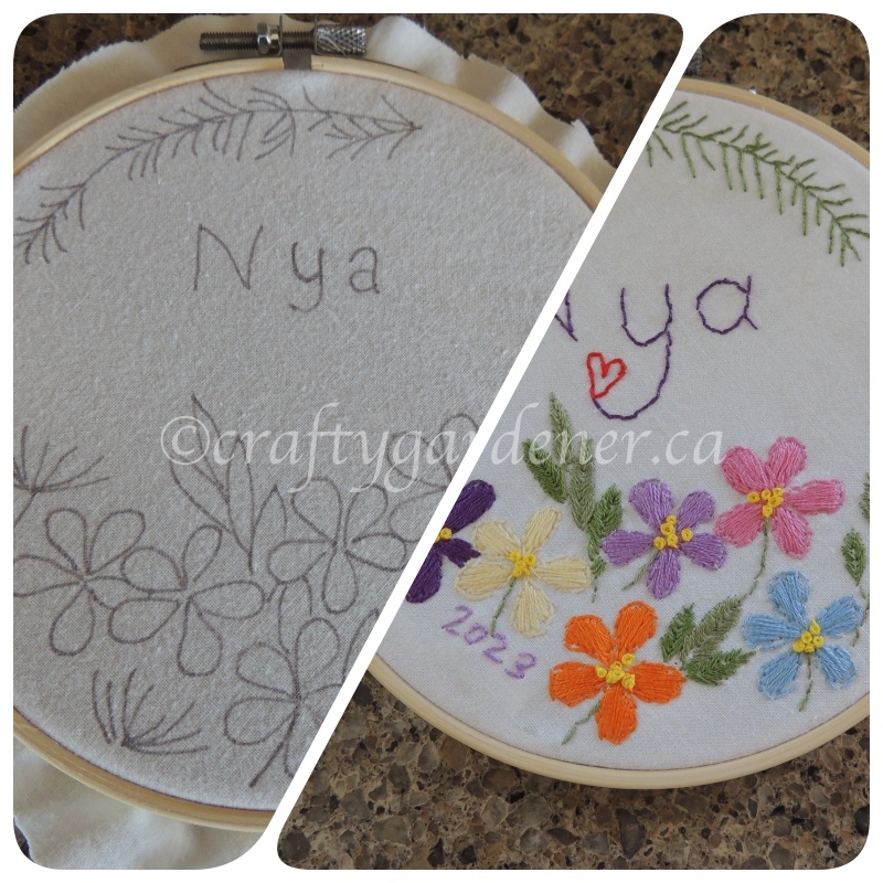 embroidered flowers in a hoop at craftygardener.ca