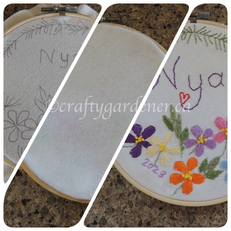 embroidered flowers in a hoop at craftygardener.ca