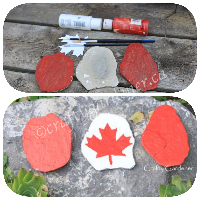 how to paint Canada flag rocks at craftygardener.ca