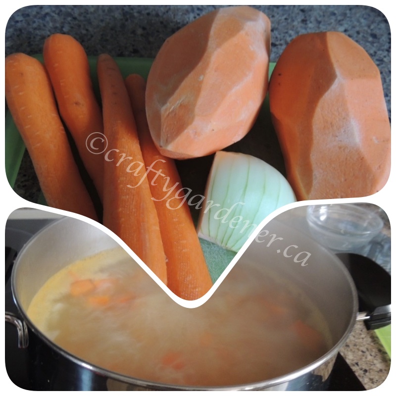 making sweet potato and carrot soup at craftygardener.ca